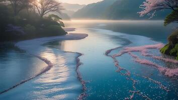 Calm River Flowing with Pink Petals in a Spring Landscape photo