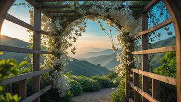Wooden Archway with White Flowers Overlooking Rolling Green Mountain Landscape photo
