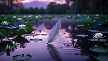 Feather Floating on Calm Lake with Lily Pads and Sunset photo
