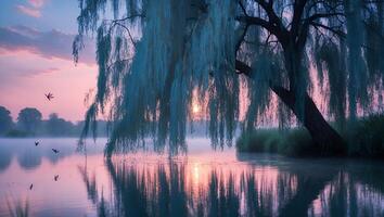 Willow Tree Reflection on Misty Lake at Dawn with Birds Flying photo