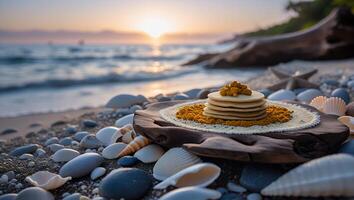 Pancakes Stacked on Beach Wood at Sunset with Shells photo