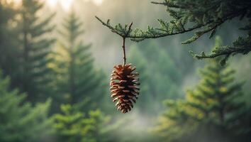 Pine Cone Hanging From Evergreen Branch in Misty Forest photo