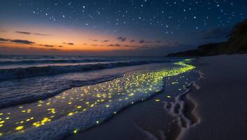 Glowing Bioluminescence Illuminates Ocean Waves on Sandy Beach at Night photo