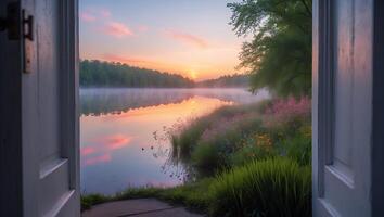 Lake View Through Open Door with Misty Sunrise and Wildflowers photo
