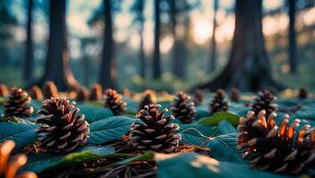 Pine Cones Lying on Leaves in Forest with Sunlight Streaming Through photo