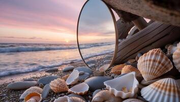 Mirror Reflecting Beach Sunset with Seashells and Driftwood Still Life photo
