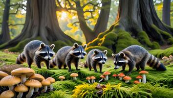 Raccoons Foraging Among Mushrooms in Forest at Sunrise photo