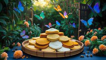 Pancake Stack with Butterflies and Bees in a Lush Garden Setting photo