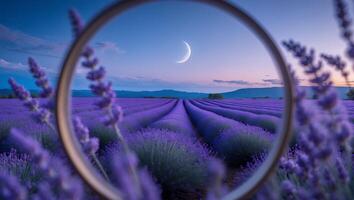 Lavender Field at Dusk Moon Through Circle Creative Landscape View photo