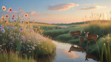 Deer Family Standing Beside Stream Amidst Colorful Meadow Flowers photo