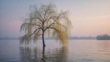 Willow Tree Standing in Calm Water at Dusk with Soft Sky photo