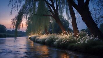 River Flowing by Trees with White Flowers at Sunset Calm photo