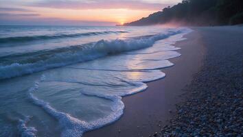Gentle Waves Crashing on Shoreline at Dawn with Soft Sky photo