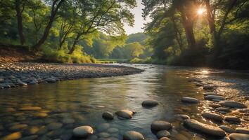 Tranquil River Flowing Through Lush Green Forest with Sunlight photo