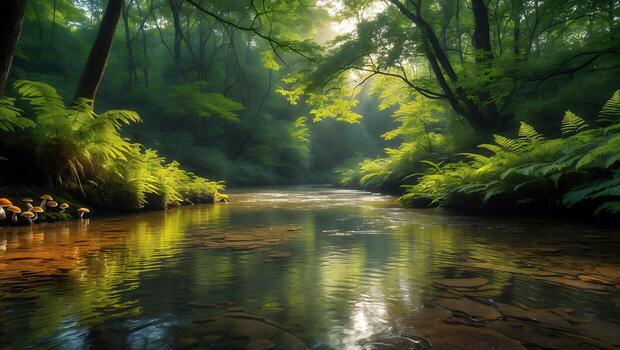 Flowing River Through Forest with Green Ferns and Sunlight photo