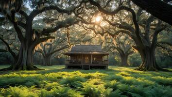 Rustic Cabin Nestled Among Giant Trees and Ferns at Sunrise photo
