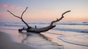 Driftwood Log on Beach at Sunset with Ocean Waves photo