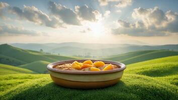 Cobbler Dessert Baking on Green Grass with Rolling Hill View photo