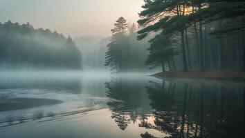 Serene Lake Reflecting Trees in Foggy Morning Calm Landscape photo