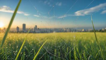 Spiderweb with Water Droplets in Field Overlooking City During Sunrise photo