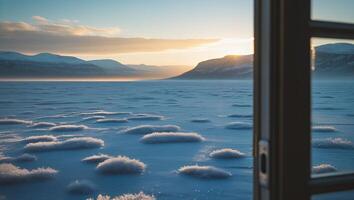Looking Out Window to Snow Covered Landscape at Sunset photo