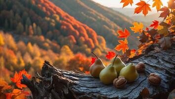 Pears and Walnuts on Log with Autumn Colors in Background photo