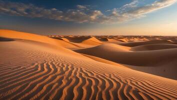 Desert Sand Dunes Landscape with Wind Patterns at Warm Sunset photo