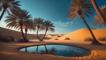 Oasis in Desert with Palm Trees and Clear Water Reflection photo