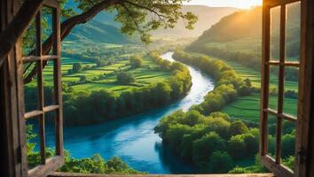 River View Through Open Window Rural Landscape Scenic Vista photo