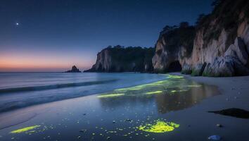 Night Beach with Bioluminescence Glowing on Sand and Coastal Cliffs photo