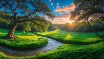 River Flows Through Green Meadow at Sunset with Clouds and Trees photo