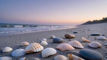 Seashells and Smooth Stones on Sandy Beach at Sunset Serenity photo
