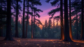 Walking Through Forest at Twilight with Fireflies and Colorful Sky photo