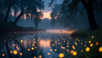Enchanting River Scene with Glowing Lights Reflecting in Water at Dusk photo