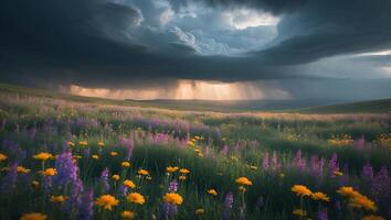 Wildflower Meadow Under Stormy Sky with Rain and Sunlight Breaking Through photo