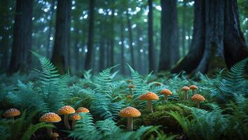 Mushrooms and Ferns Grow in Mystical Forest with Soft Green Hues photo