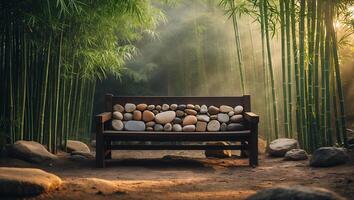 Bench with Stones Against Bamboo Forest with Light Rays Nature photo