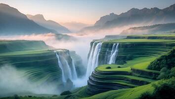 Cascading Waterfalls on Green Terraces with Mist and Mountain Backdrop photo