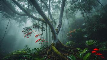 Lush Forest with Vibrant Red Flowers in a Mysterious Foggy Setting photo