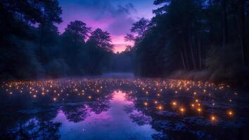 Glowing Lights on Lake at Twilight Surrounded by Forest Trees photo