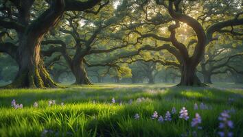 Majestic Trees Stand Tall Over Wildflower Meadow in Forest Scene photo