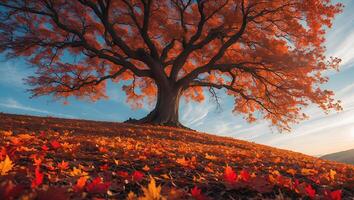 Large Autumn Tree with Colorful Leaves on Hillside Landscape photo