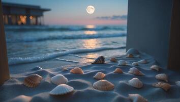 Seashells Scattered on Sand at Peaceful Beach with Ocean Moonlight photo
