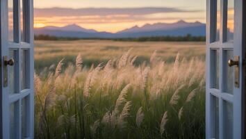 Open Window View of Grassy Field with Mountain Backdrop at Sunset photo