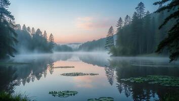 Fog Rolling Over Calm Lake Waters with Forest Reflections at Dawn photo