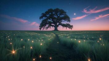 Solitary Tree Standing in Meadow at Twilight with Glowing Lights photo