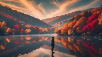 Person Standing by Autumn Lake Enjoying Colorful Mountain View photo
