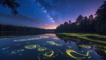 Night Lake with Milky Way and Bioluminescent Algae Trails photo