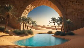 Desert Oasis with Palm Trees and Stone Archway Landscape photo