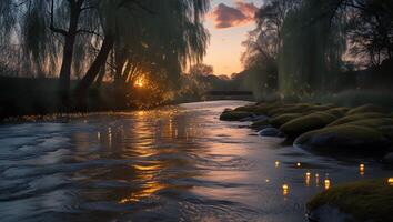 River Flowing at Dusk with Glowing Lights and Peaceful Atmosphere photo